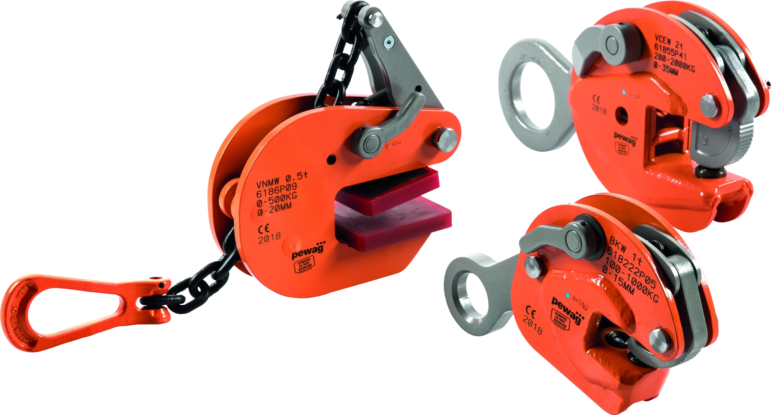 Three pewag lifting clamps for vertical or horizontal lifting applications
