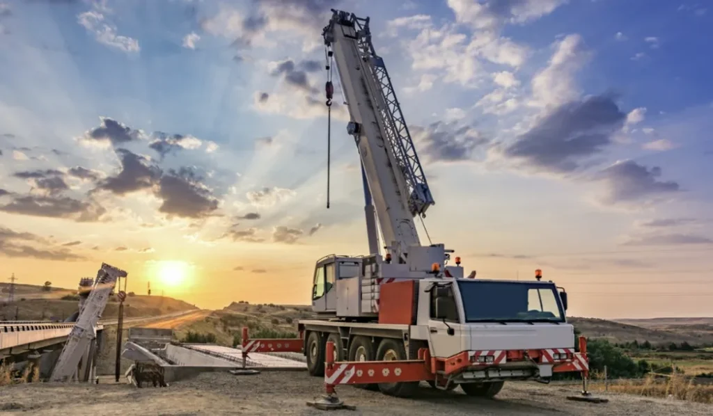 A mobile crane in operation at sunset using lifting equipment from pewag